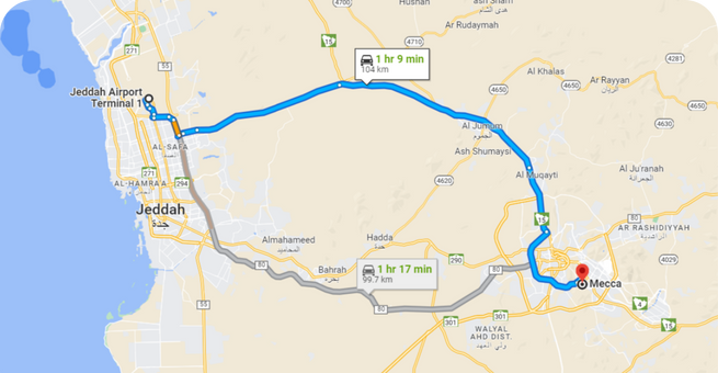 How long does it take to get from Jeddah Airport (JED) to Mecca?